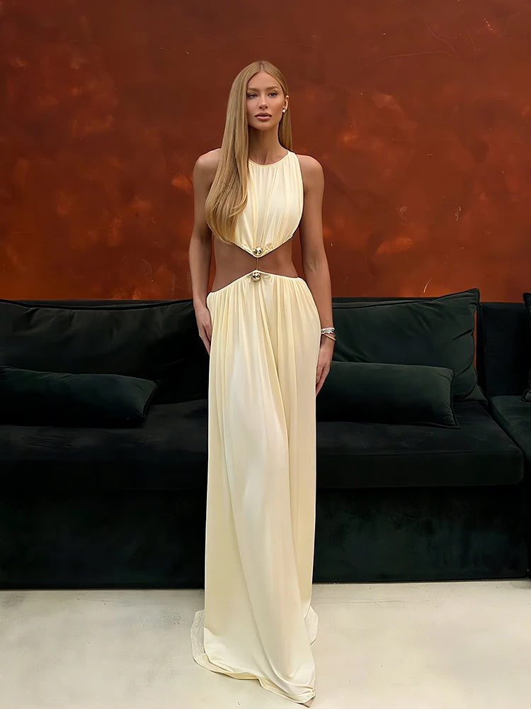 Sisterlinda Metal Patchwork Waistless Long Dresses Women o-Neck Sleeveless Summer Vacation Y2K Style Ruched Elegant Vestidos