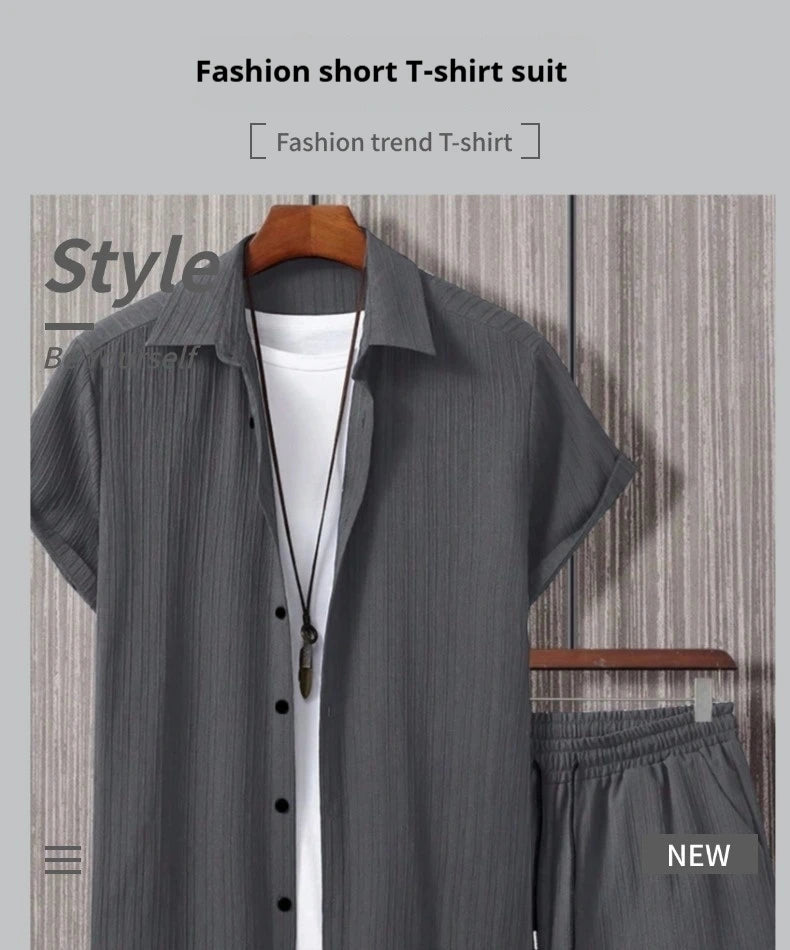 2025 Summer Men's Set Striped Jacquard Shirt Short Sleeve Button Collar Casual Shirt Fashionable Hot Selling Trendy Atmosphere