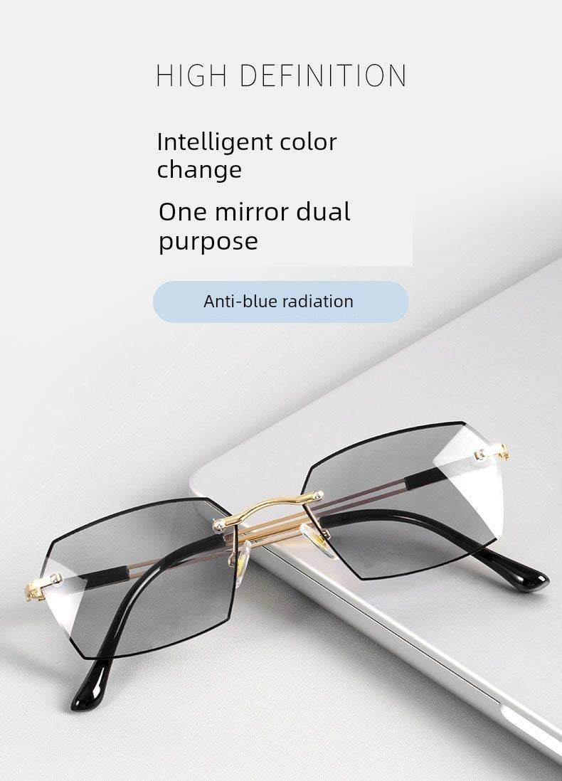 Frameless Business Color-Changing Reading Glasses Men Middle-Aged and Elderly HD Anti-Blue Ray Radiation Indoor and Outdoor Dual-Use Presbyopic Glasses