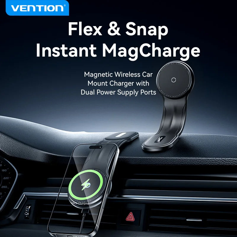 Vention Magnetic Car Phone Holder Mount Adhesive Style Adjustable Dashboard Magsafe For iPhone 12-17 15W Wireless Fast Charging