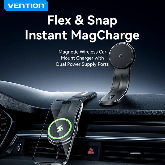 Vention Magnetic Car Phone Holder Mount Adhesive Style Adjustable Dashboard Magsafe For iPhone 12-17 15W Wireless Fast Charging