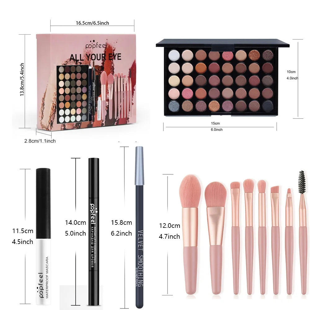 Essential Eye Makeup Set for Beginners Matte&Shimmer Eyeshadow Palette, Mascara, Eyebrow Pencil, Lip Eyeliner,Brush Tool Set Box