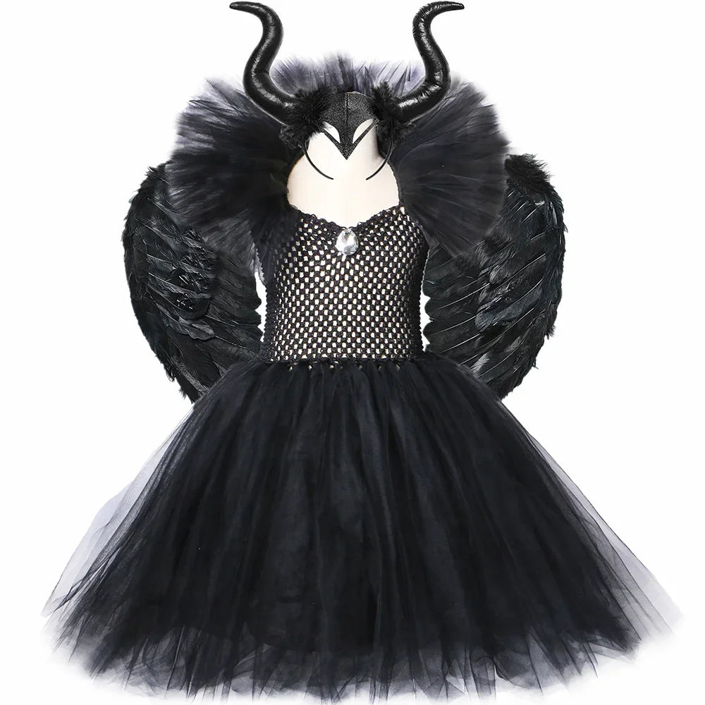 Girls Black Evil Queen Maleficent Tutu Dress Horns Wings Dark Witch Cosplay Carnival Halloween Costume for Kids Fancy Clothes