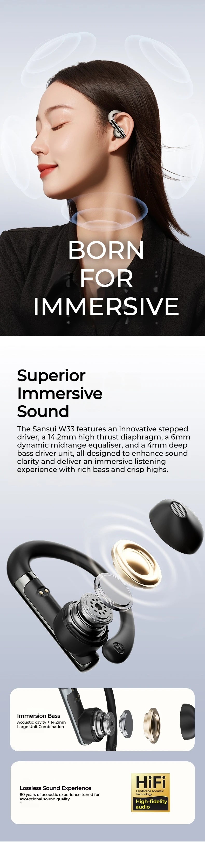 Sansui W33 Spatial Audio Bluetooth 5.4 Earphones ENC Noise Canceling Bluetooth Headphone in-Ear OWS Wireless Sports Headsets