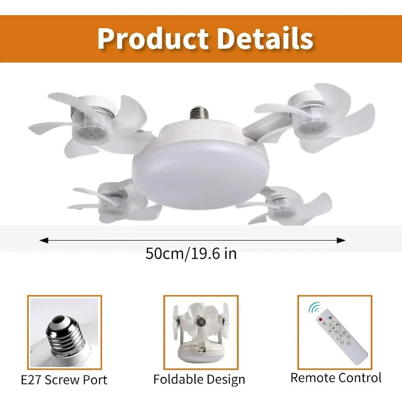 E27 Socket Ceiling Fan 2-in-1 Silent LED Fan with Remote Control 3-Color 3-Speeds Adjustable Ceiling Fanlight for Home Bedroom