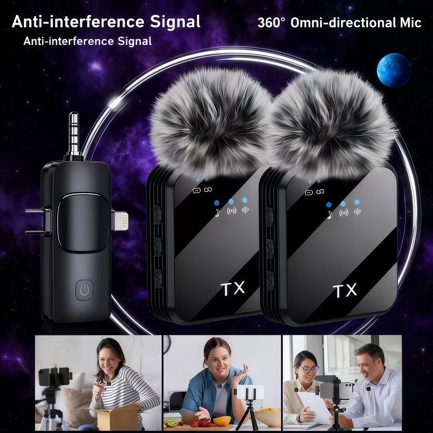 3in1microphone for IOS/Android Wireless Lavalier Microphone Video Recording Noise Reduction Live Streaming Clip-on Microphone