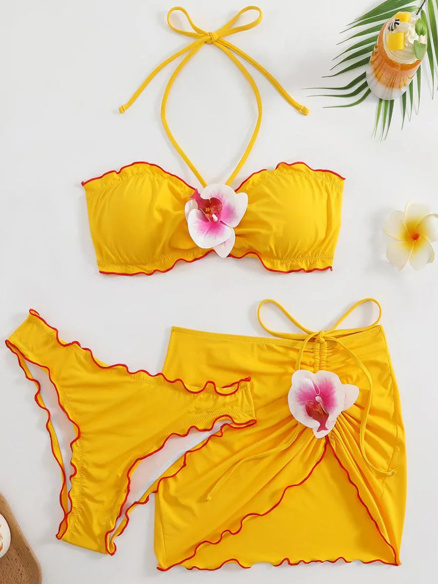 with Mesh Skirt 3D Flowers Halter Bandeau Bikini Women Swimsuit Female Swimwear Three-pieces Bikini Set Bathing Suit Beachwear
