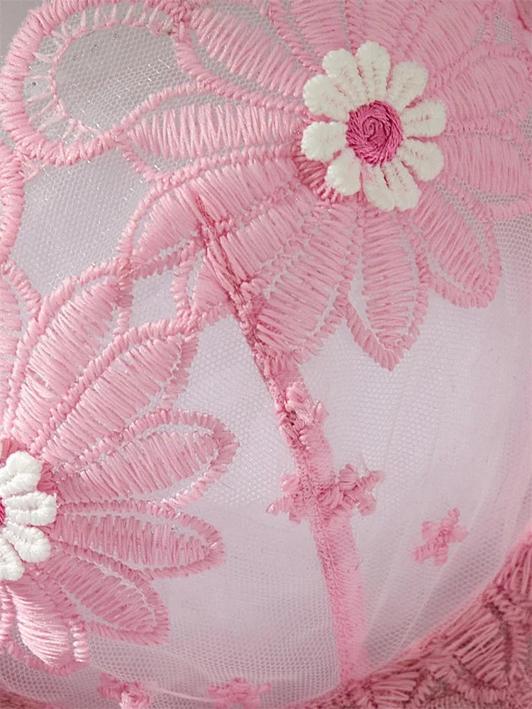 New Sexy Girl Lingerie Floral Embroidery Lingerie Set Pink Fantasy Underwear Ultra Thin Bra Panty Set Translucent Lace Lingerie