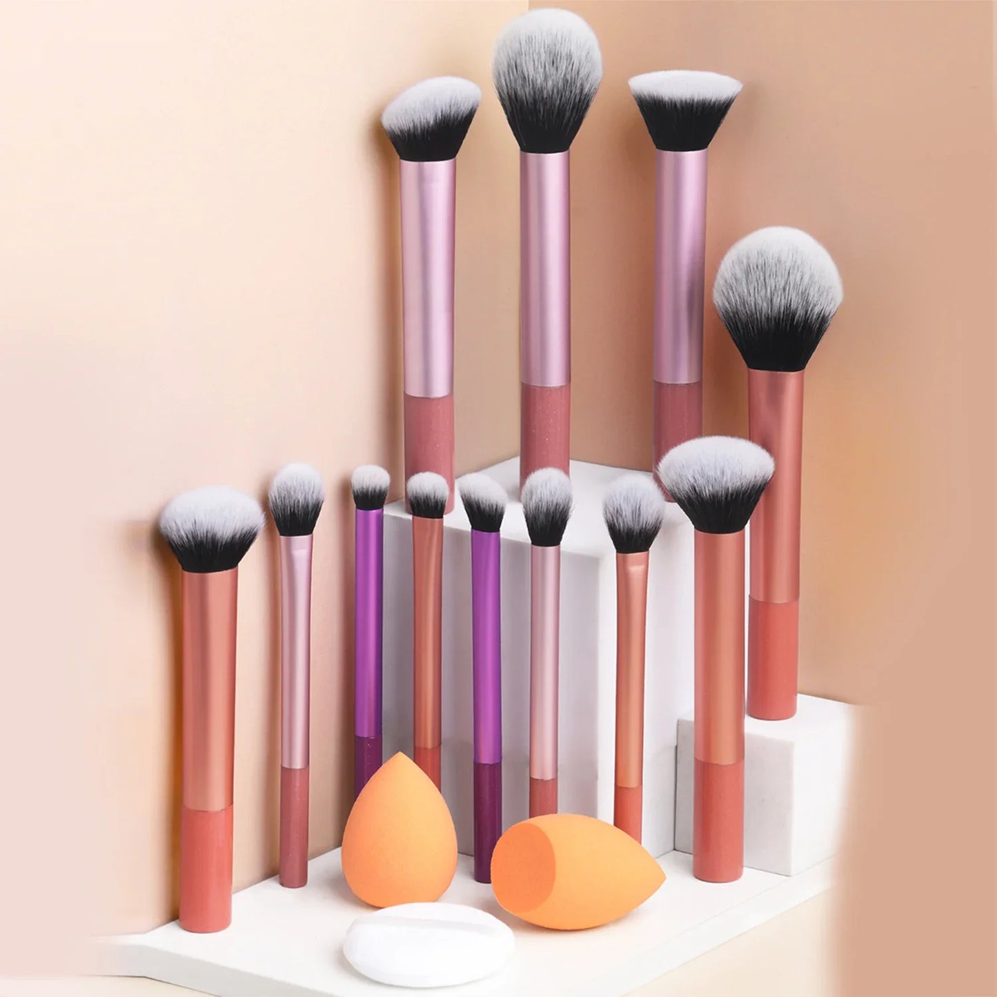 12pcs Professional Makeup Brush Set Incl. Eyeshadow, Powder, Blush Brushes, 2pcs Makeup Sponges, 1pc Powder Puff, Complete Trave