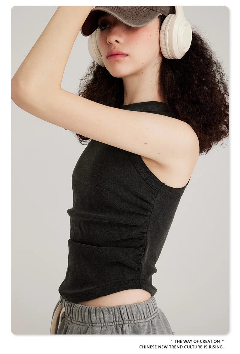 ZODF Women 2025 Hotsweet Girls Washed Cotton Tank Tops Female 315gsm Slim Pleated Arc Hem Camisole TEE Brand Tops HY0574