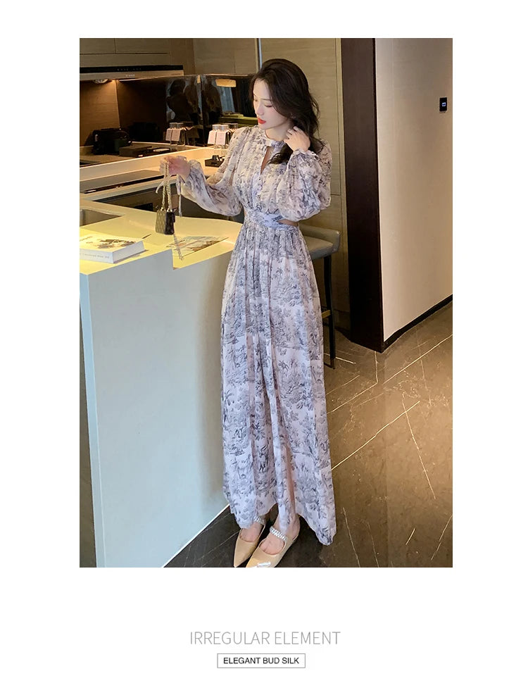 Elegant Boho Vintage Dress 2025 Spring Casual Printed Maxi Vestido Woman Sexy Hollow Waist Chiffon Beach Dress Female Clothing