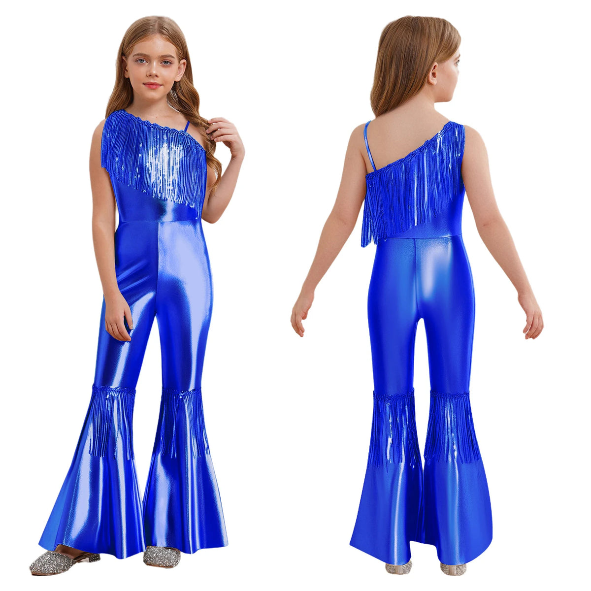 Halloween Kids Girls Hippie Costume Tassels Unitard Bell-bottom Long Pants Bodysuit Jumpsuit for Disco Dance 60s 70s Rave Party