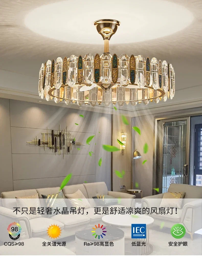 Crystal Ceiling Fan Lamp Modern Living Room Dining Room Remote Integrated Ceiling Fan Light Home Bedroom Study Silent Fan Lights