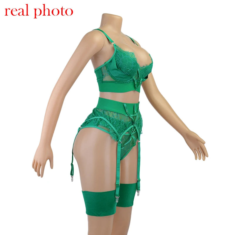 Sexy Bra Green Lingerie For Woman Erotic Underwear Set Lace Bandage Bralette Set Sexy Push up Lenceria 3 Piece Set