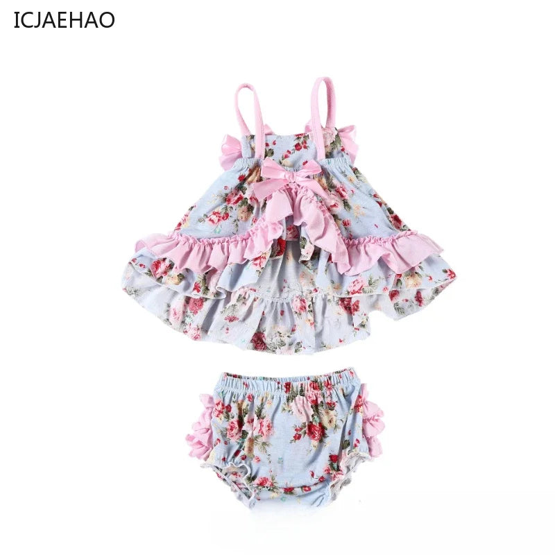 2025 New Born Baby Girl Clothes Baby Suit Overall Floral Clothes Set 3-24m Cotton Sleeveless Toddler Infant Ruffle Tops + Shorts