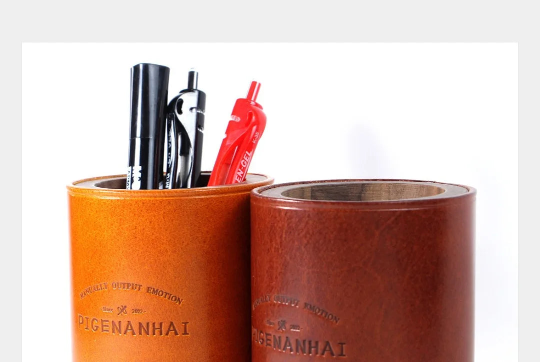 High End Handmade Genuine Leather Solid Wood Pen Holder Cowhide Office Stationery Storage Pen Holder Desk Organizer Holder
