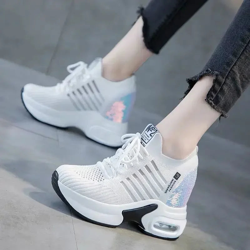 2025 Women's Sneakers Spring Sequined Casual Shoes Woman Platform Heels Wedges Height Increasing Knitted Ladies Vulcanized Shoes