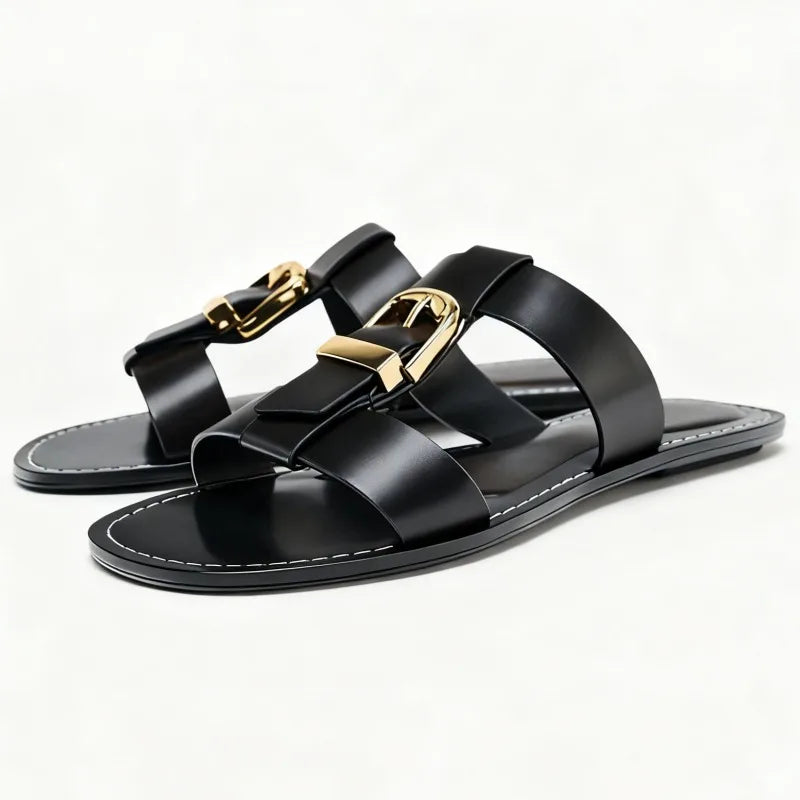 Fashion Metal Buckle Decoration Flat Sandal Women Unique Double Narrow Band Design Flats Summer Sexy Open Toe Holiday Beach Shoe