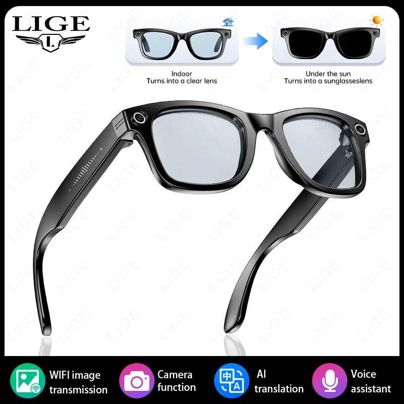 LIGE AI Smart Glasses with Camera Sunglasses Mini Camera Video Recorder Wireless Bluetooth Call Anti-blue Glasses for Man Women