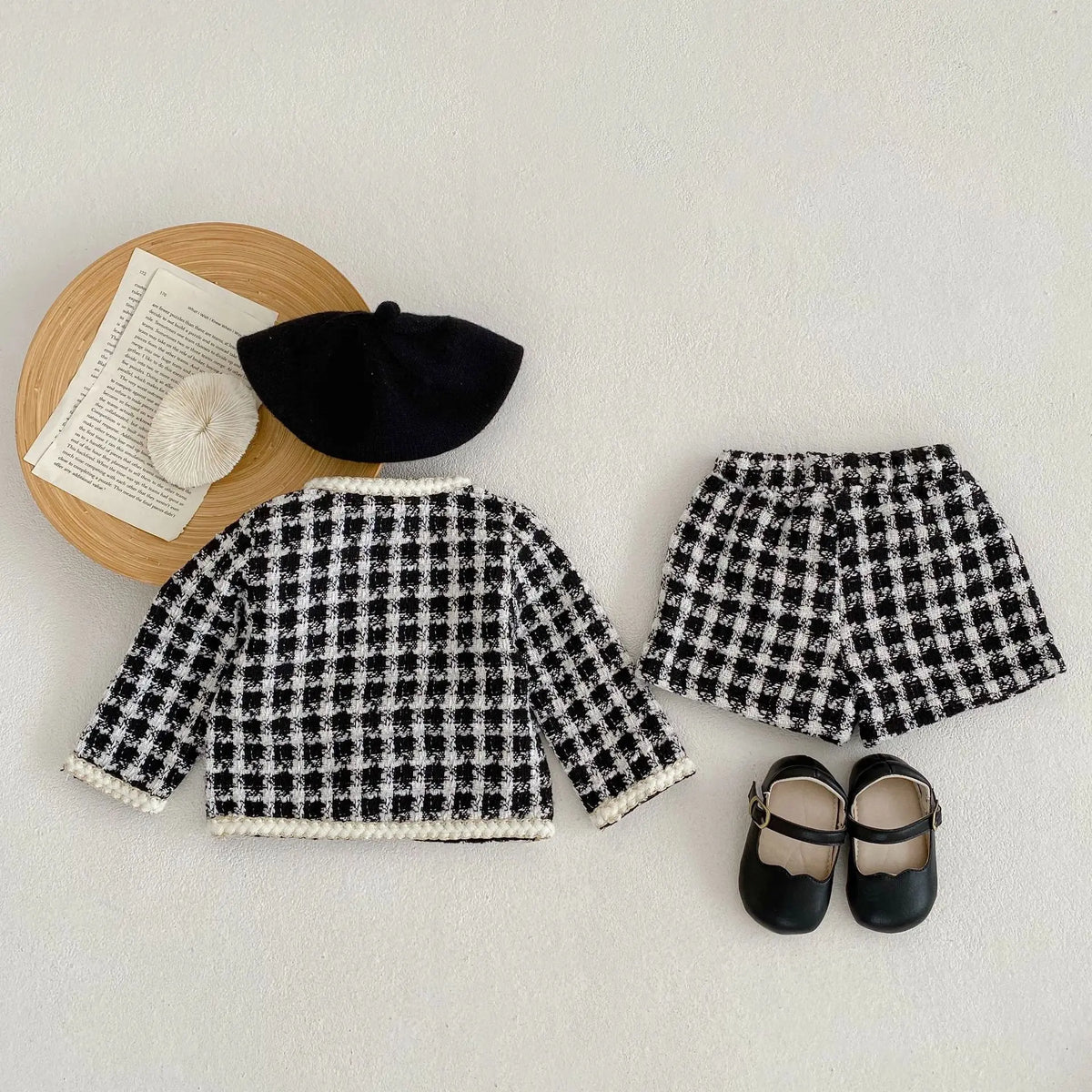 Girl Clothing Set 2026 Spring Baby Tweed Plaid Girl's Two Piece Suit Jacket+ Short Pants Sweet Girl's Suit