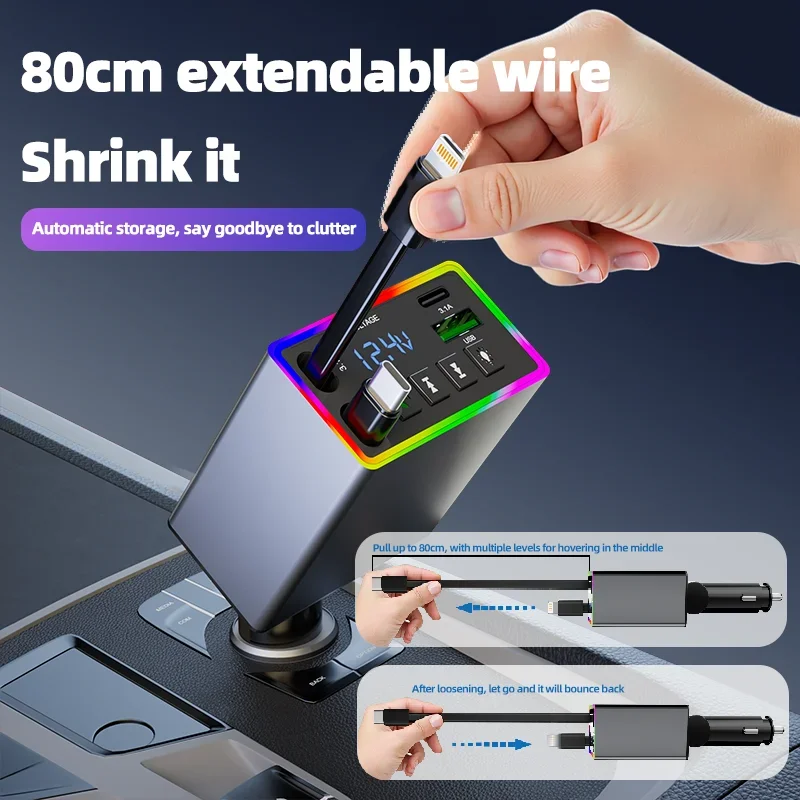 M38 FM Bluetooth MP3 Transmitter 4-in-1 120W Fast Charge Retractable Cable Car Charger with Colorful Light Built-in Media Player