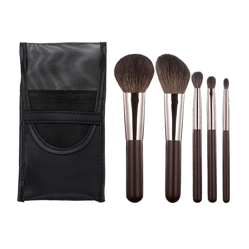 5-Piece Mini Natural Bristle Makeup Brush Set, Travel-Friendly Eyeshadow/Foundation/Blush/Concealer & Lip Brushes Portable Tools