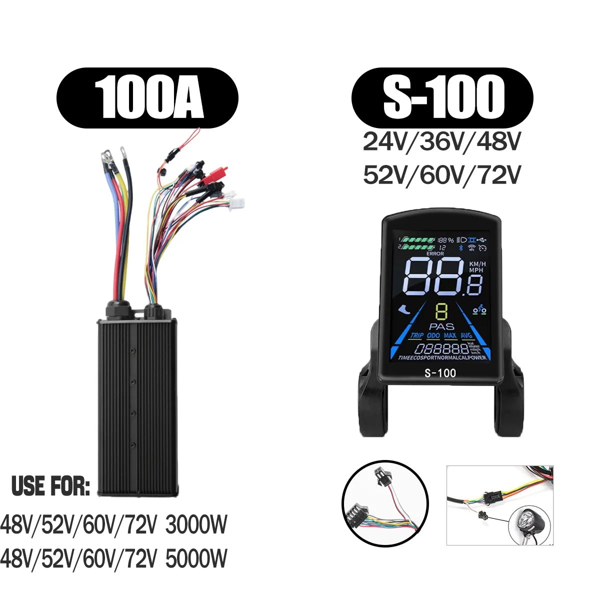 Ebike Sine Wave Display Controller 100A Three-Mode 48V52V60V72V with Learning Function UKC1 LCD Color Display 3000W5000W Motor