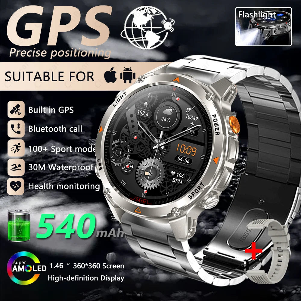 2025 New Outdoor Millitary Smart Watch Men GPS Positioning 540mAh Battery Waterproof Sports Fitness Tracker BT Call Smartwatch