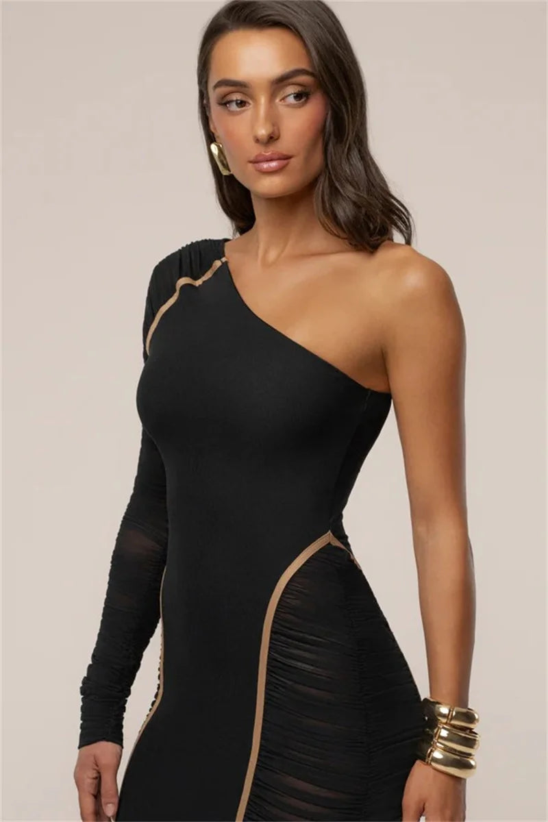 Mozision One Shoulder Backless Sexy Maxi Dress Women Gown Elegant Skew Collar Single Sleeve Ruched Bodycon Club Party Long Dress