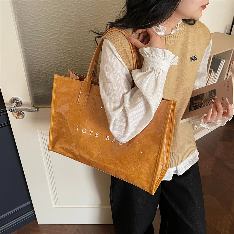 Women's Glossy Leather Tote Bag Letter Print Large Capacity Casual Commuter Shoulder Bag Fashion Daily Shopping Handbag 2026