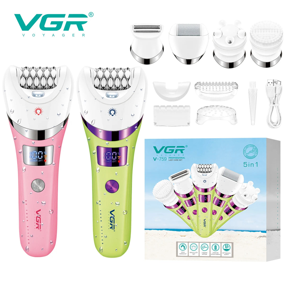 VGR Hair Removal Professional Body Care Trimmer 5in1 IPX6 Waterproof Hair Trimmer LED Two Speeds Electric Razor for Women V-759