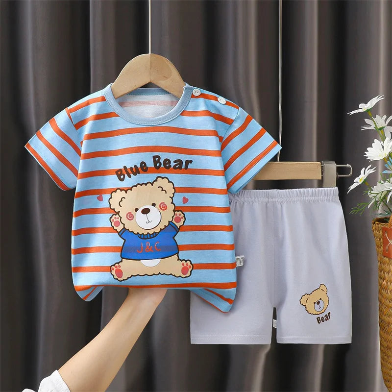 Kids Stripe T-Shirt + Shorts 2-Piece Clothing Set Summer Baby Boy Girl Cotton Cartoon Pajama Casual Tracksuit Clothes Suit 0-6 Y