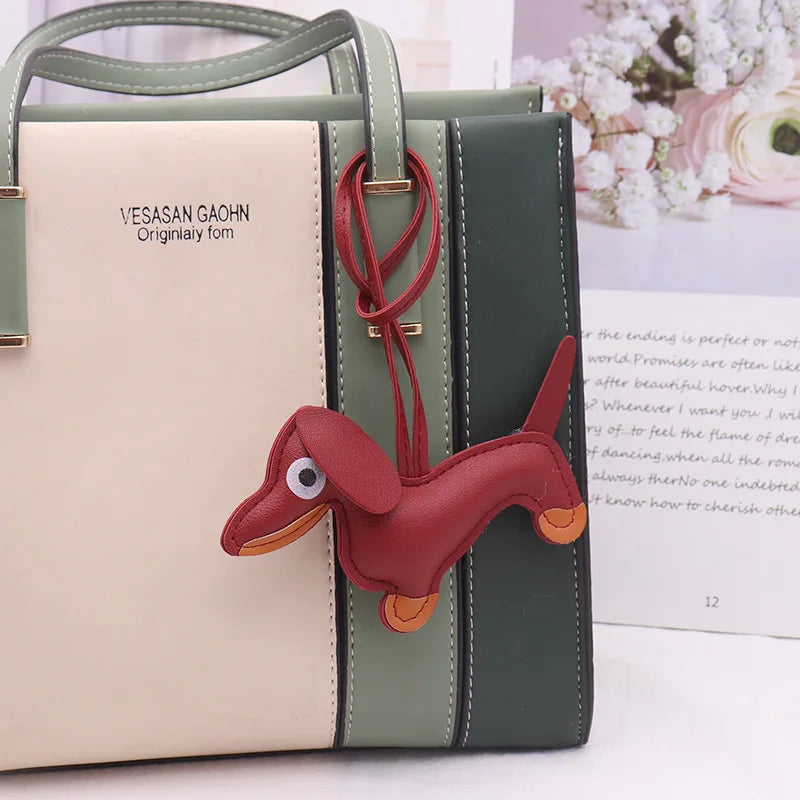 Cute Dachshund Bag Pendant PU Leather Puppy Dog Keychain Sweet Girls Women Bag Phone Pendant Trinket Car Key Ring Gift