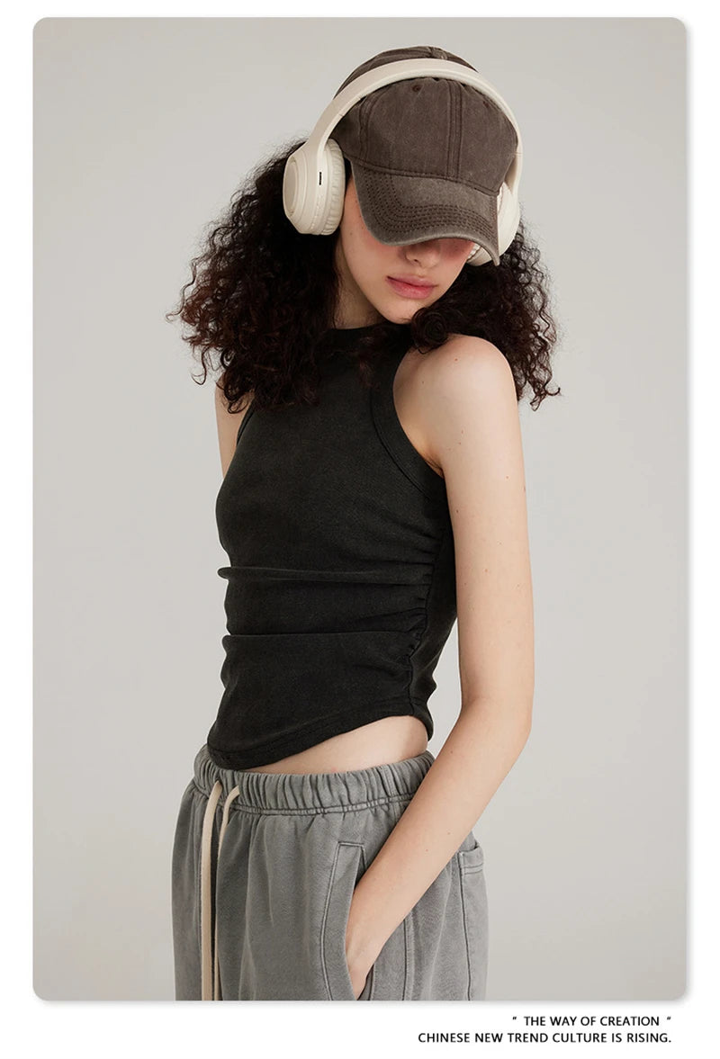 ZODF Women 2025 Hotsweet Girls Washed Cotton Tank Tops Female 315gsm Slim Pleated Arc Hem Camisole TEE Brand Tops HY0574