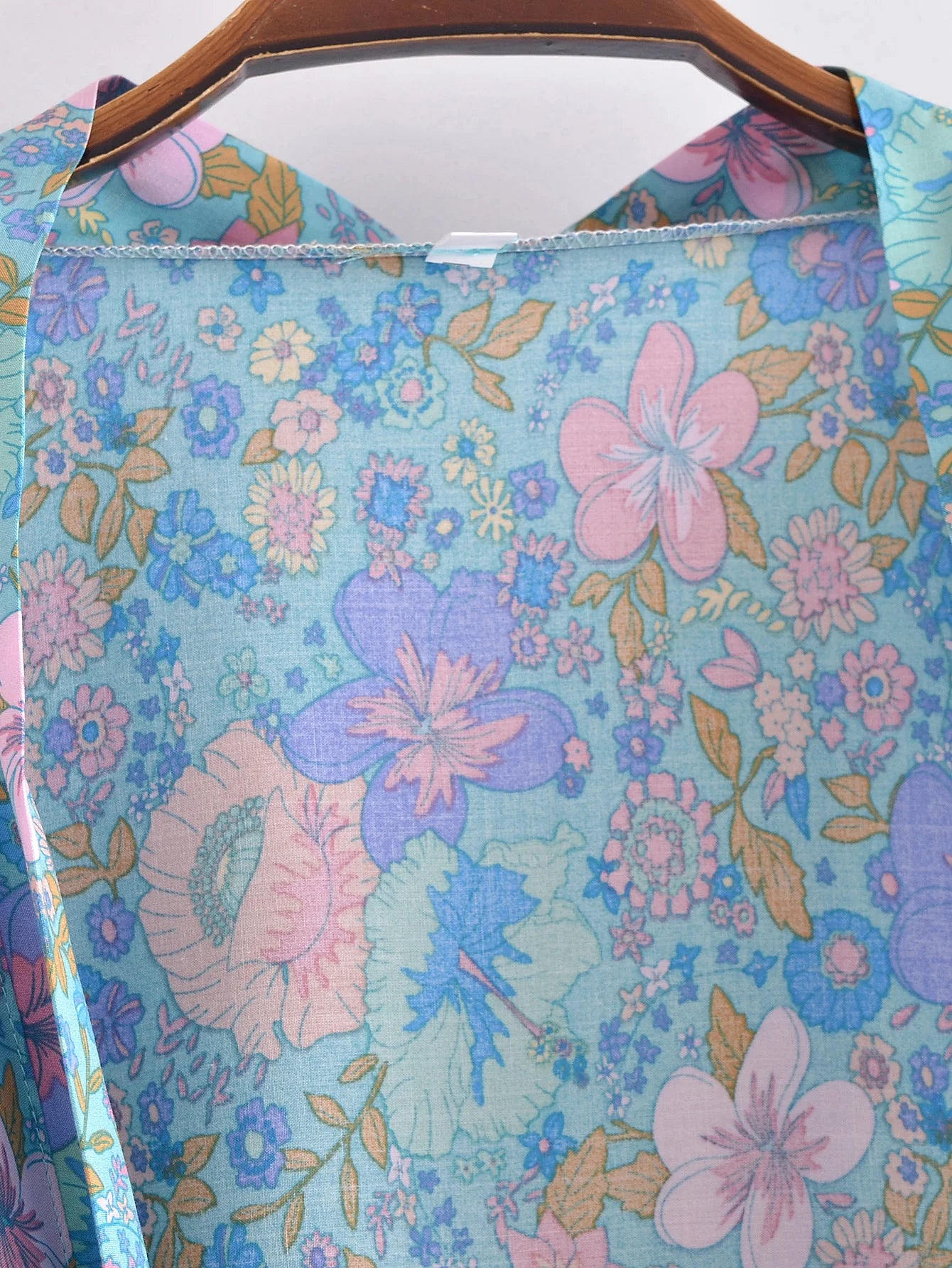 BOHO Women Blue With Pink Flower Print Kimono Shirt Holiday Tide Bow Sashes Mid Long Cardigan Summer Blouse Beach Cape