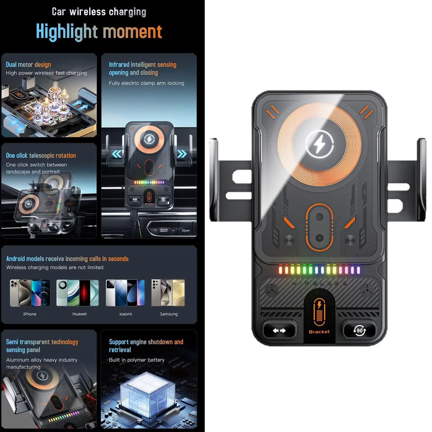 15W Auto-Clamping Wireless Car Charger Mount Fast Charging Air Vent Phone Holder with One-Hand Operation for Driving
