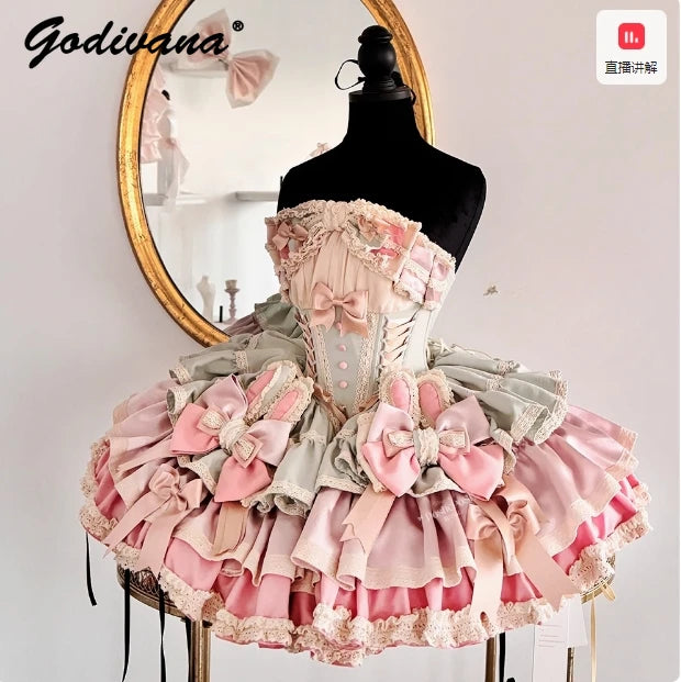 Sweet Cute Girls Lolita Clothing Accessories Set Princess Ribbon Lace Bow Headband Choker Necklace Bracelet and Leg Ring