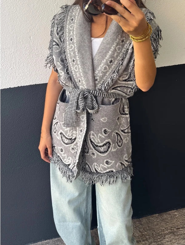 Women's Print Fringe Knitted Vest Coat Fashion Sleeveless Tie Waist Pocket Cardigan Sweater Lady 2025 Autumn Casual Outerwear
