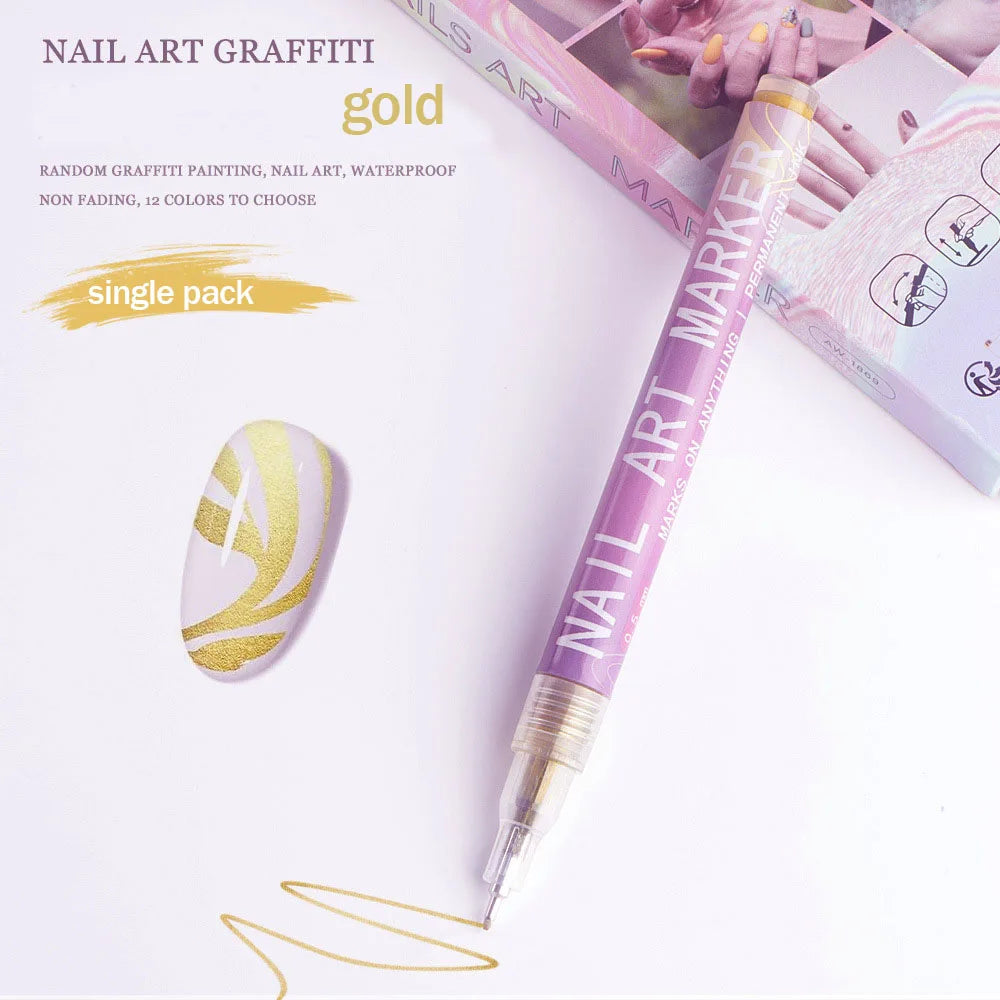 12 Colors Nail Art Pen Waterproof Paint Pen Set Quick-dry DIY Nail Graffiti Pen Drawing Painting Line Pencil Manicure Tools