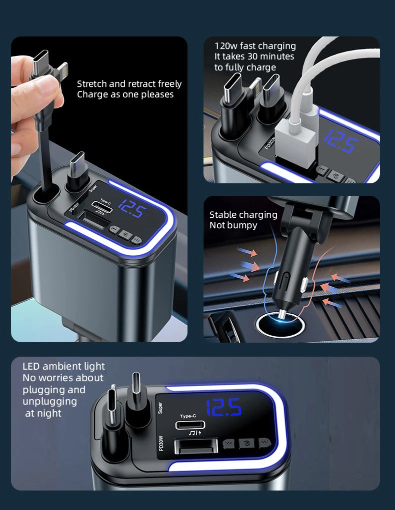 5 IN 1 180W Retractable Car Charger Bluetooth 5.0 FM Transmitter Fast Phone Charger Handsfree Call U-disk Aux with LED Light