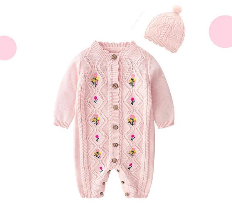 0-24M 100% Cotton Newborn Flower Baby Girl Romper Sweater Winter Clothes Knit Thick Warm Floral Embroidery Jumpsuit Outfit