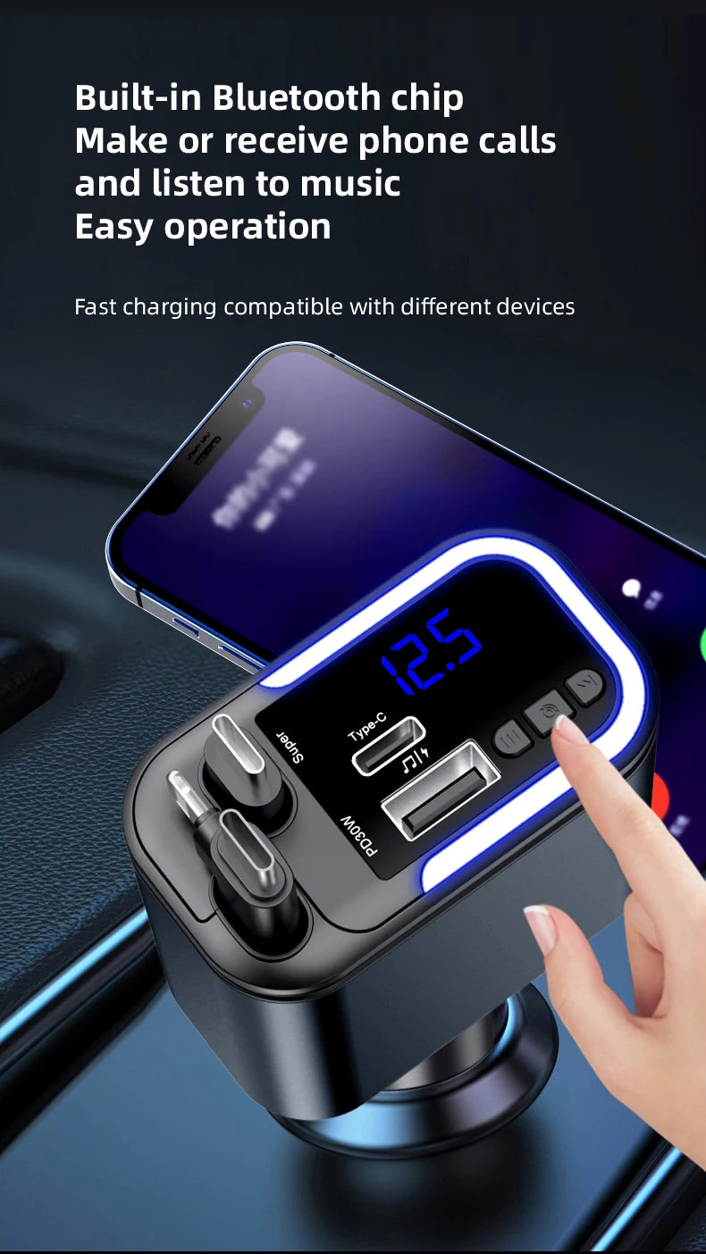 5 IN 1 180W Retractable Car Charger Bluetooth 5.0 FM Transmitter Fast Phone Charger Handsfree Call U-disk Aux with LED Light