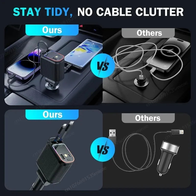 New Starlight in Car Roof Retractable Car Charger,66W 4 in 1 Fast Car Phone Charger,2 Retractable Cables & USB-C Charger Adapter