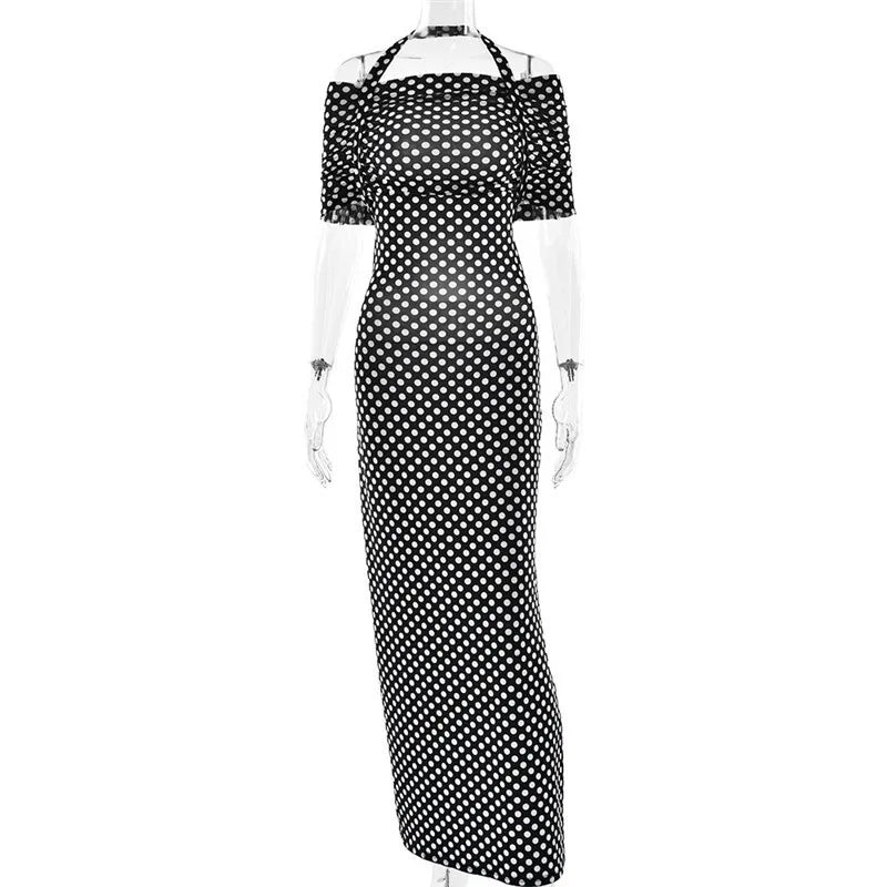Mozision Off-shoulder Polka Dot Maxi Dress For Women Gown Fashion Halter Sleeveless Backless bodycon Split Long Dress Elegant