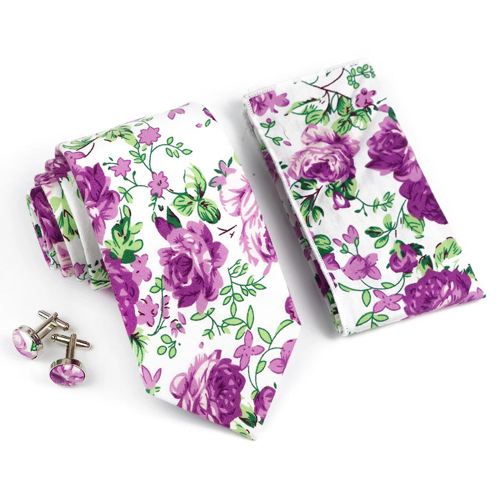 Hot Sell 3PC Chic Elegant Floral Tie Set Pocket Square Cufflinks For Men Women Wedding Party Dinner Suit Tuxedo Accessory Gift
