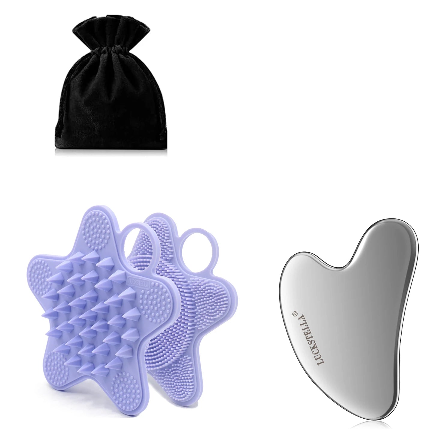 LUCKSTELLA 4Pcs Skin Care set Ice Face Roller &  Stainless Steel Gua Sha Board & Silicone Shower Brush Face Massage Roller