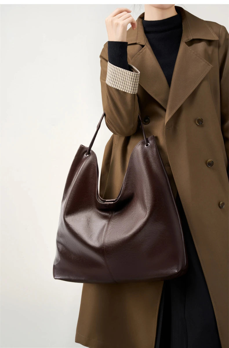 Toptrends Cowhide Genuine Leather Large Underarm Shoulder Bags For Women 2025 Luxury Designer Hobo Tote Bucket Ladies Handbags