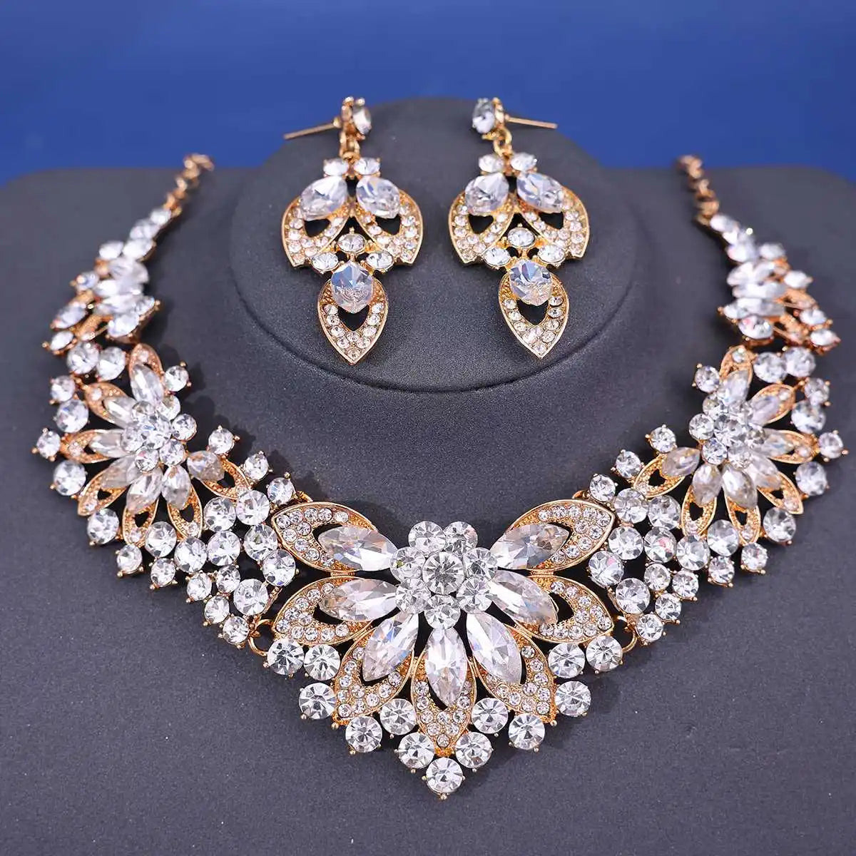 Advanced design retro necklace earring set leaf Multicolored flowers luxurious crystal jewelry bride's wedding dress accessories