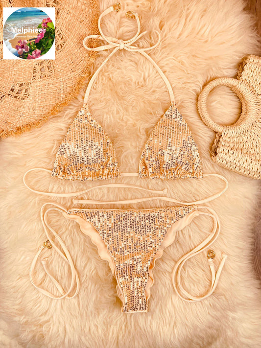 Women's Sequin Glitter Bikini Set | Shiny Two-Piece Swimsuit | Sizes S-L