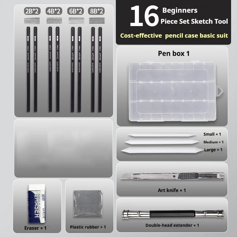 Sketching Pen Set Drawing Kit Student Portable Pen Curtain Charcoal Pencil Sketch Pencil Charcoal Stick Sharpener Eraser Set Box